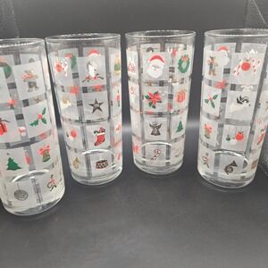 Vintage Culver Christmas Holiday Frosted Highball Glasses Set of 4 Santa Wreath